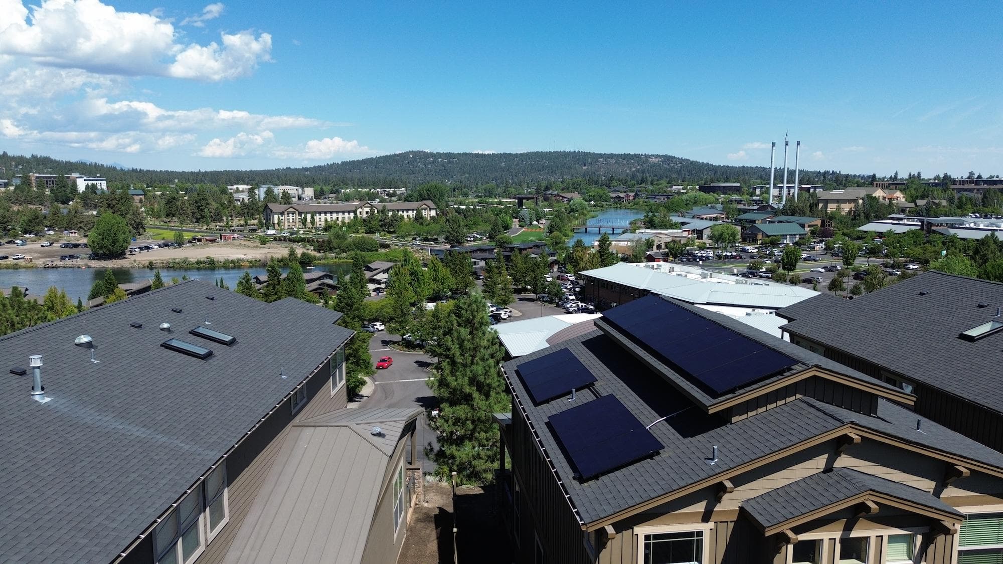 Aerial drone shot of rooftop solar in Bend, Oregon.